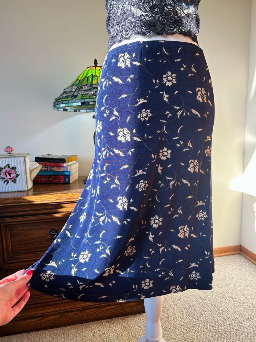 Navy Floral Midi Skirt with Cream Print